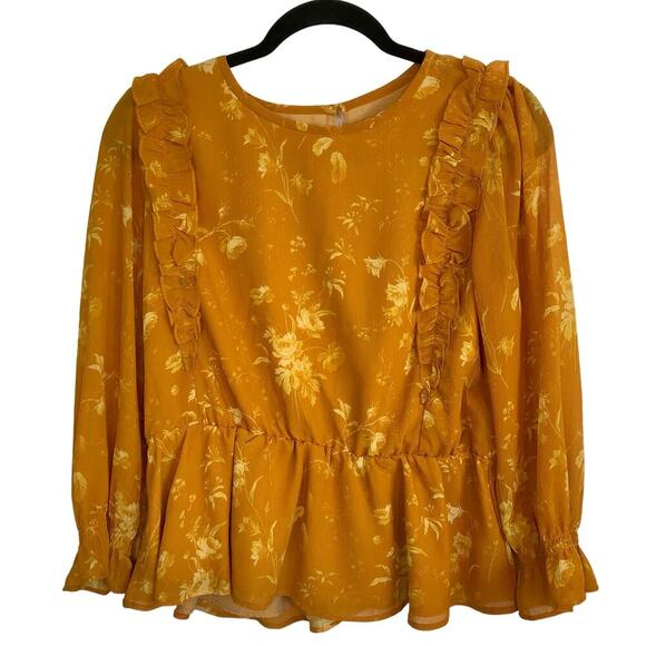 Madewell Marigold Orange Ruffle-Shoulder Peplum Top in Tonal Botanical Size Med - Picture 2 of 7